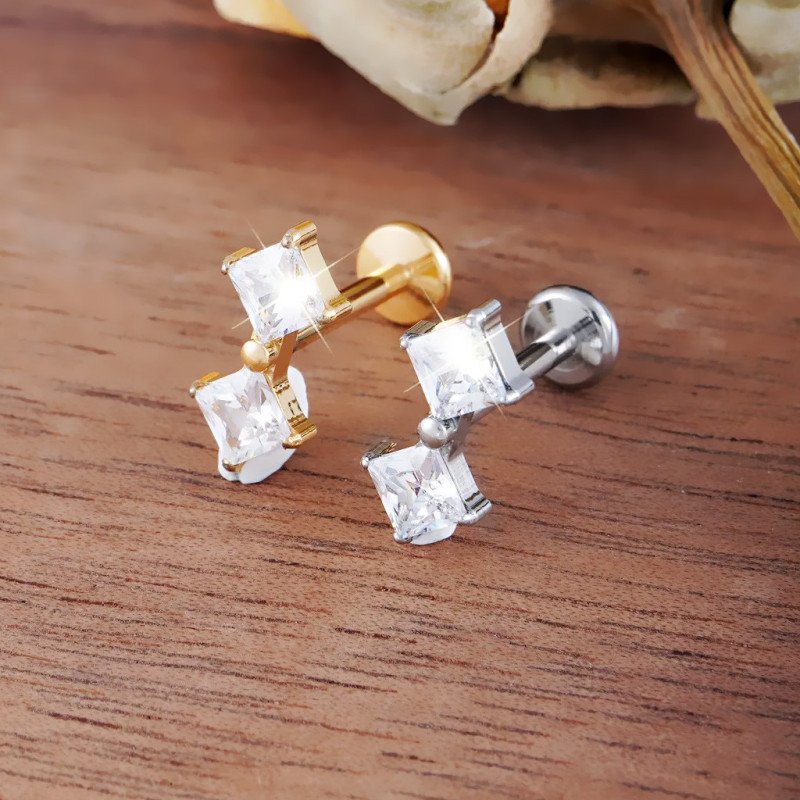 Piercing para Orelha - Labret Gêmeos Square Zircônia - Titânio - 6ORE1065