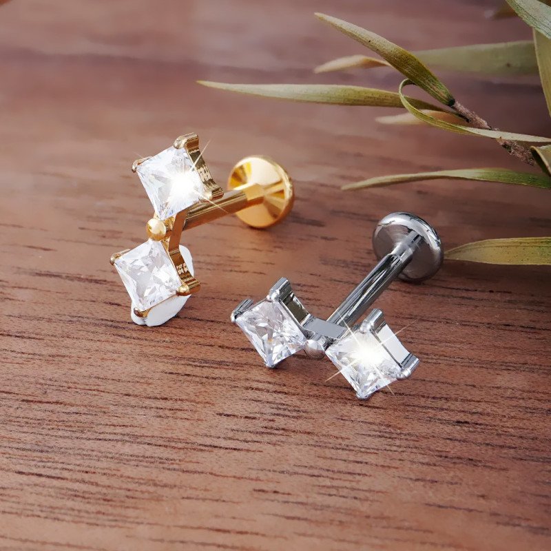 Piercing para Orelha - Labret Gêmeos Square Zircônia - Titânio - 6ORE1065