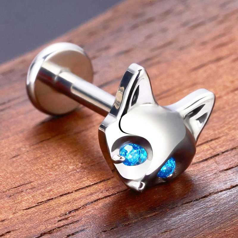 Piercing para Orelha - Labret Gatinho em Titânio com Zircônias Azuis - 6ORE1066