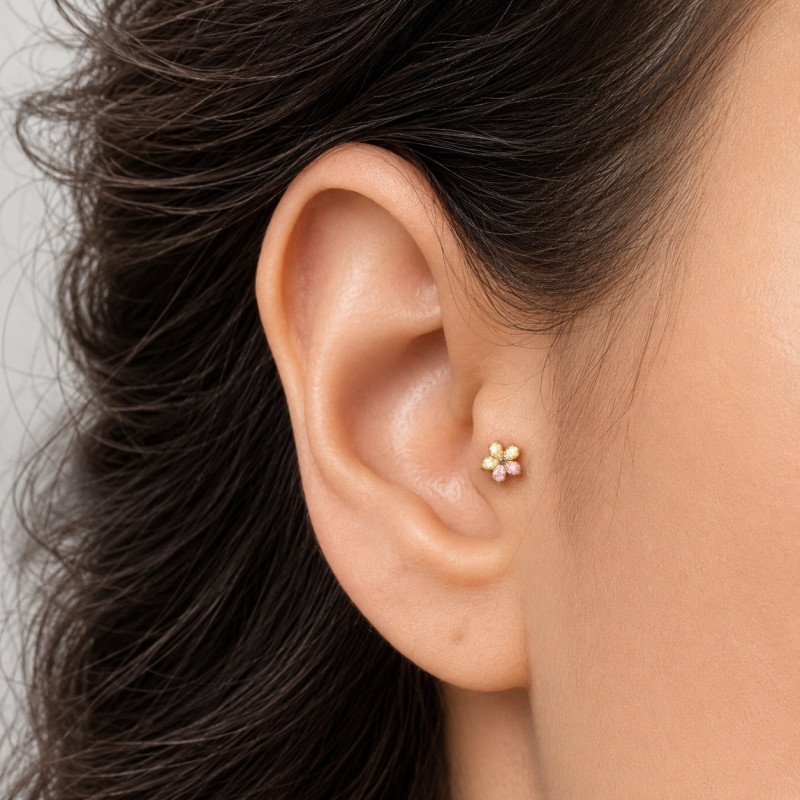 Piercing para Orelha - Labret Flor Sakura com pedra Opala - 6ORE1079