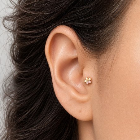 Piercing para Orelha - Labret Flor Sakura com pedra Opala - 6ORE1079