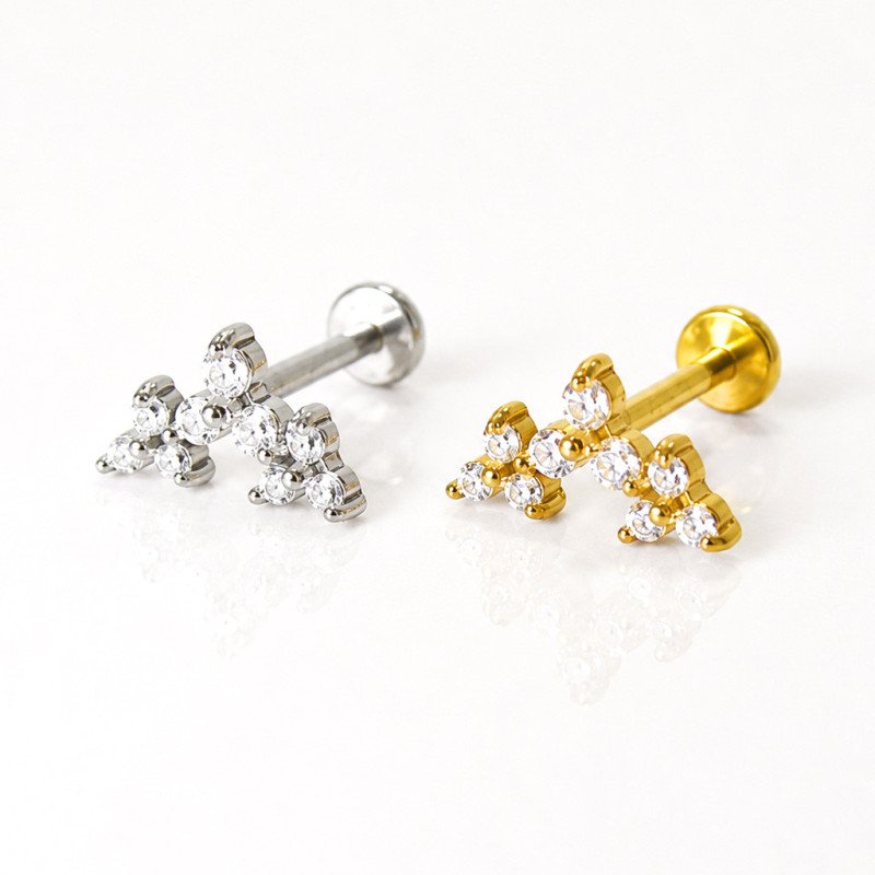 Piercing para Orelha - Labret Cluster Flores Cravejado de Zircônias em Aço Cirúrgico - 6ORE1098