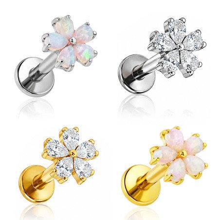 Piercing para Orelha - Labret Flor Sakura com pedra Opala - 6ORE1079