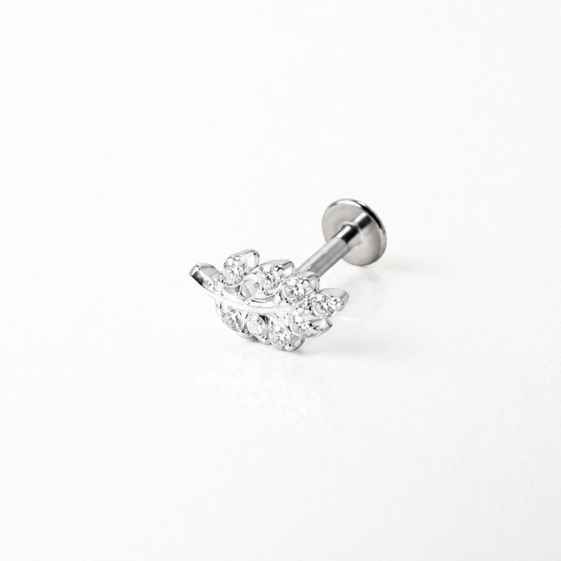 Piercing para Orelha - Labret Folhinha em Prata 925 com Zircônias - 6ORE1103