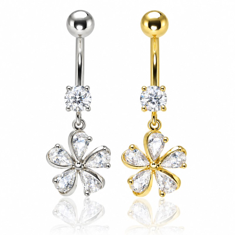Piercing de Umbigo - Dourado ou Prateado – Flor com Zircônias – 1FLO96