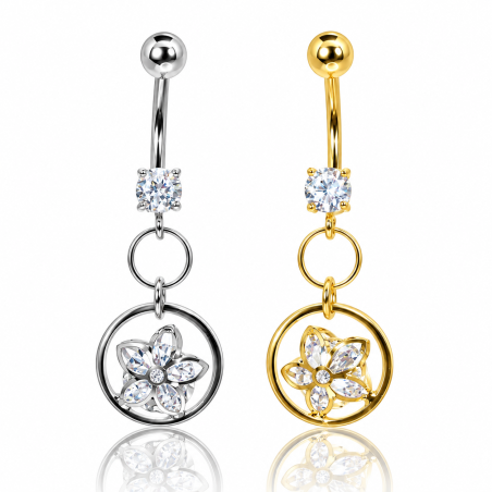 Piercing de Umbigo - Dourado ou Prateado – Flor com Zircônias – 1FLO99