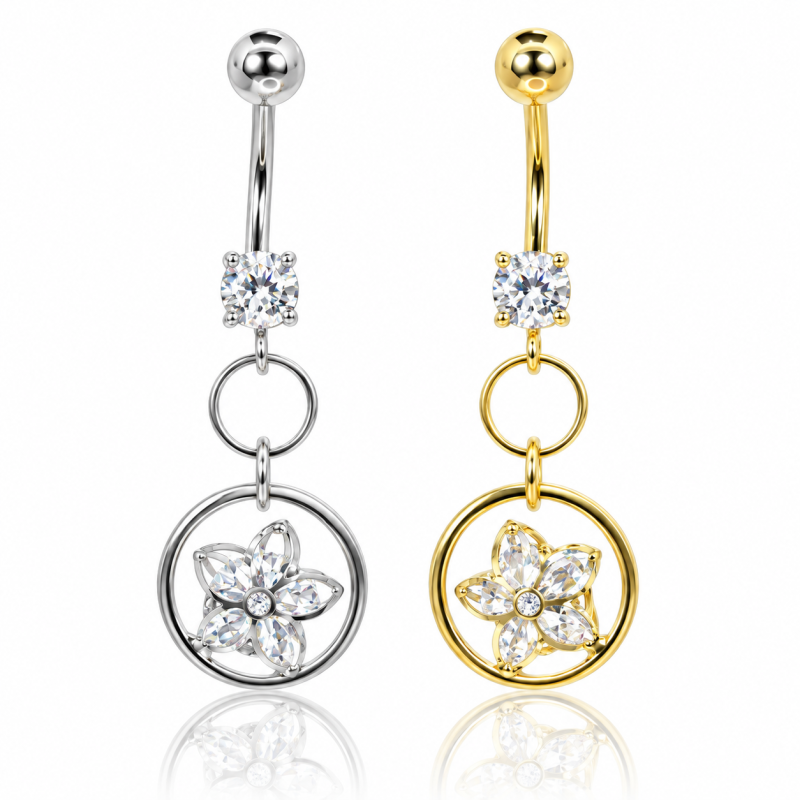 Piercing de Umbigo - Dourado ou Prateado – Flor com Zircônias – 1FLO99