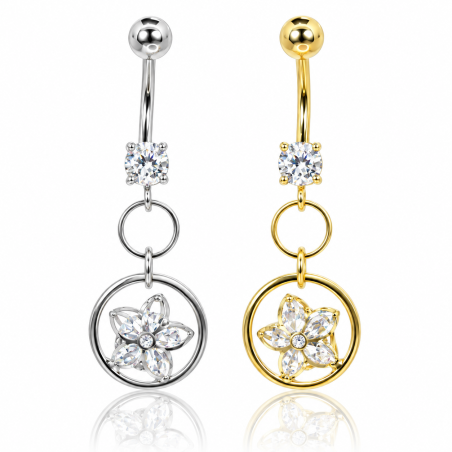 Piercing de Umbigo - Dourado ou Prateado – Flor com Zircônias – 1FLO99