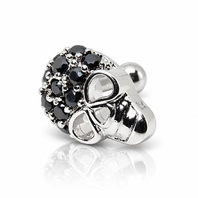 Piercing para Orelha com uma Linda Caveira com Cristais Negros - 6ORE372