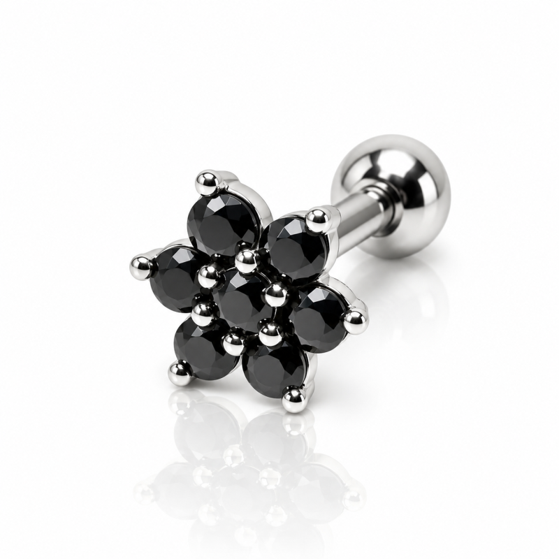 Piercing de Orelha com Florzinha com cristais Pretos - 6ORE415
