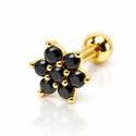 Piercing Dourado de Orelha com Florzinha com cristais Pretos - 6ORE416