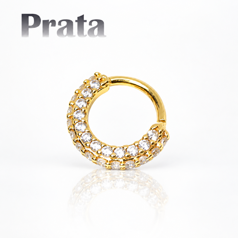 Piercing em Prata 950 - Hélix ou Daith Argolinha Dourada Toda Cravejada - 6ORE555