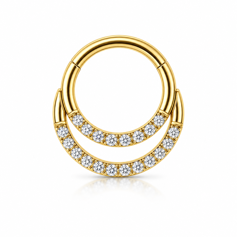 Piercing  Daith ou Septo Argolinha Clicker Meia Lua Dourada Toda Cravejada - PVD Gold 100% em Titânio - 6ORE614