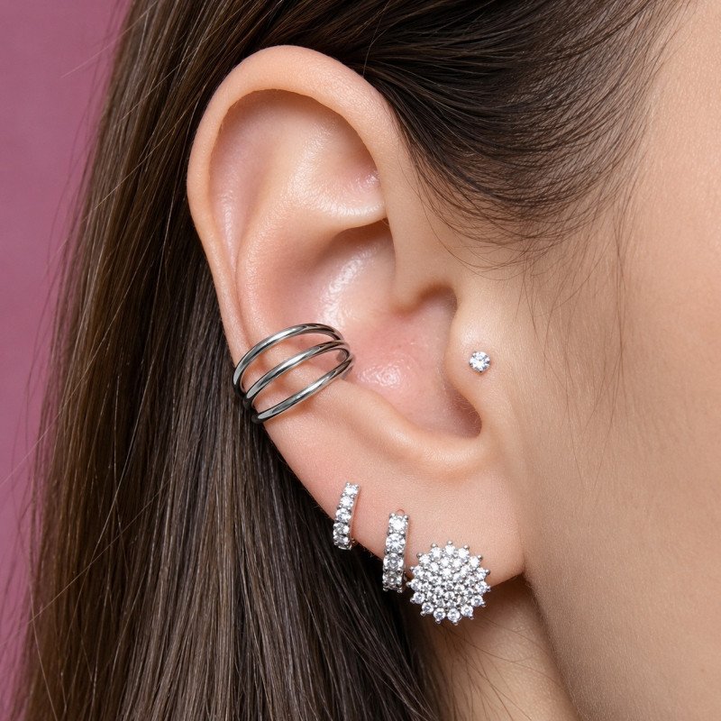 Piercing  Conch ou Hélix - Argolinha Clicker Tripla Lisa - 100% em Titânio - 6ORE620