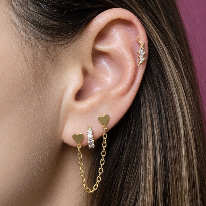 Piercing de Orelha PVD Gold - Coração com Correntinha - 6ORE622