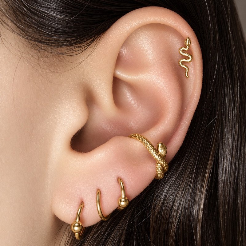 Piercing de Orelha - Serpente Conch Clicker em Aço PVD Gold - 6ORE635