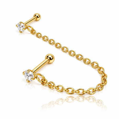 Piercing de Orelha PVD Gold - Cristais com Correntinha - 6ORE665
