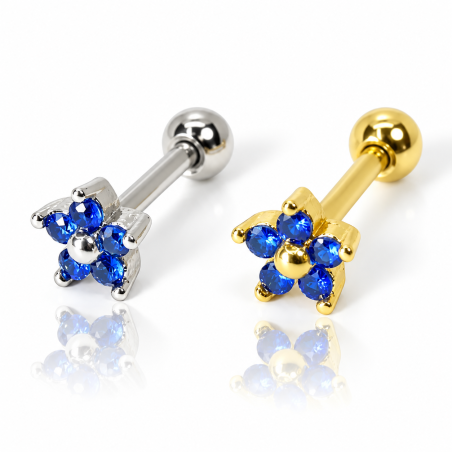 Piercing de Orelha em Aço Cirúrgico - Dourado - Mini Florzinha Azul - 6ORE676