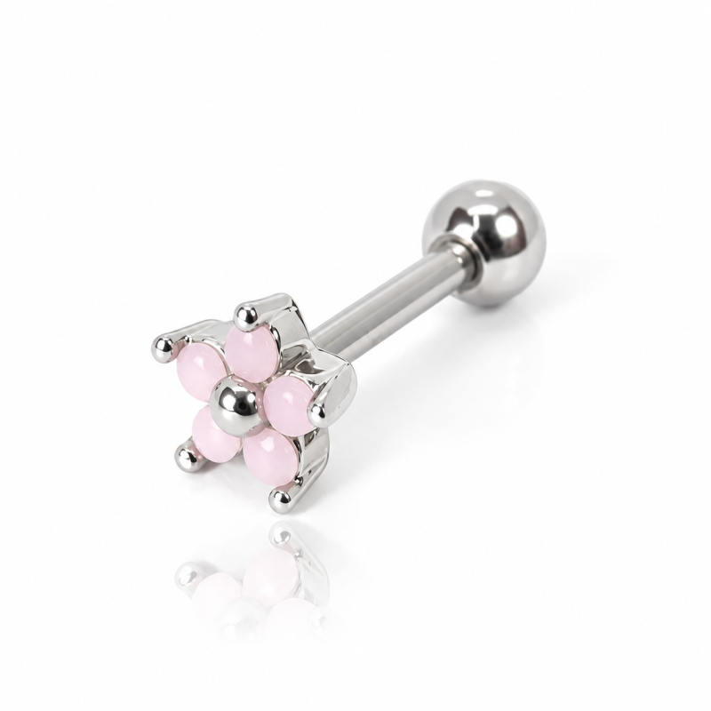 Piercing de Orelha - Mini Florzinha Rosa com Pedra Opala - 6ORE677