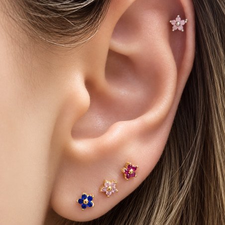 Piercing de Orelha - Mini Florzinha Rosa com Pedra Opala - 6ORE677