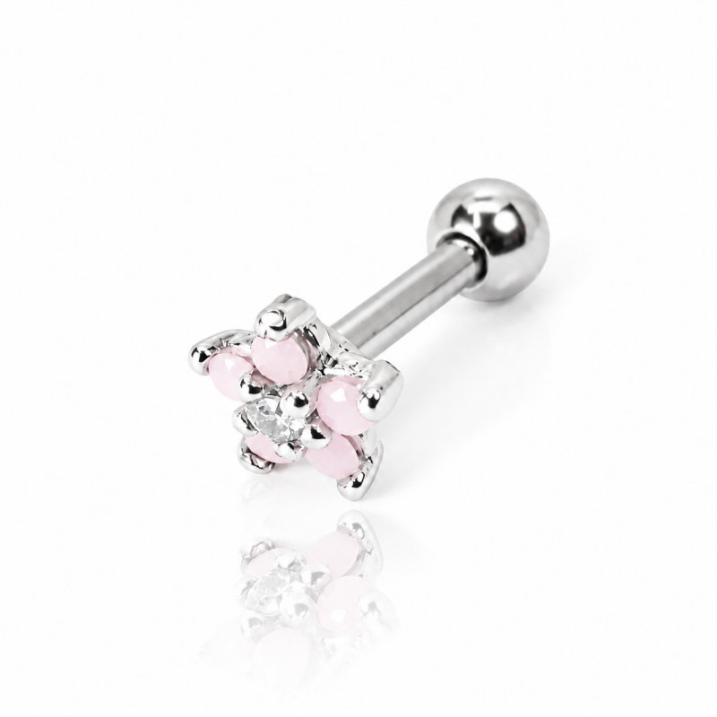 Piercing de Orelha - Mini Florzinha Rosa com Pedra Opala - 6ORE679