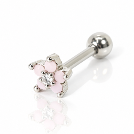 Piercing de Orelha - Mini Florzinha Rosa com Pedra Opala - 6ORE679