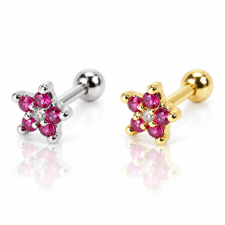 Piercing de Orelha em Aço Cirúrgico - Florzinha Zircônias Rosas - 6ORE682