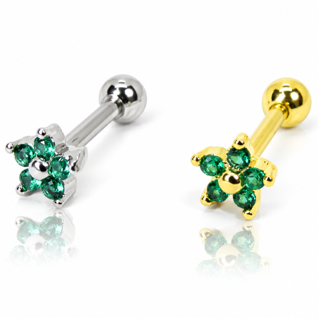 Piercing de Orelha em Aço Cirúrgico - Dourado - Mini Florzinha Verde - 6ORE687