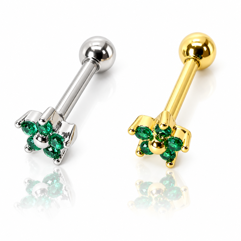 Piercing de Orelha em Aço Cirúrgico - Dourado - Mini Florzinha Verde - 6ORE687