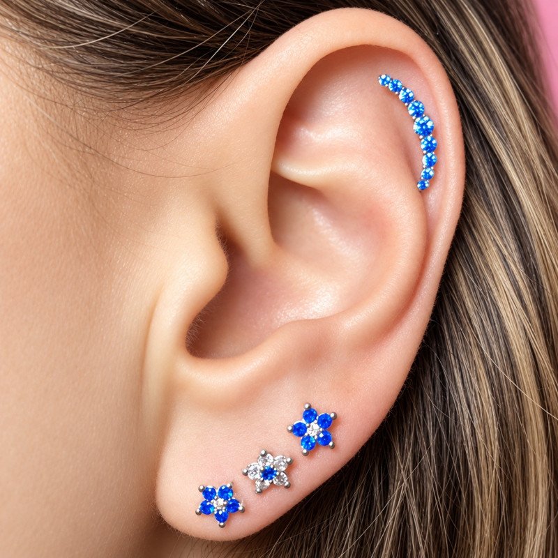 Piercing de Orelha em Aço Cirúrgico - Florzinha Zircônias Azuis - 6ORE693