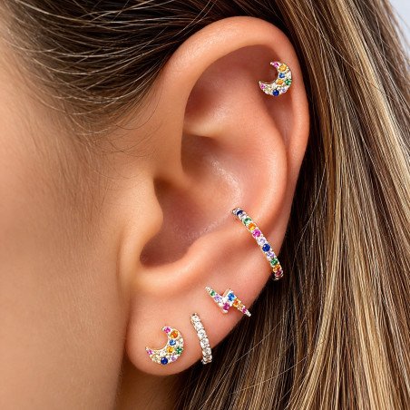 Piercing de Orelha - Lua em Prata 925 com Zircônias Coloridas - 6ORE703