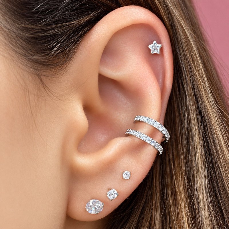 Piercing de Orelha em Prata - Estrela ou Coração - 6ORE743