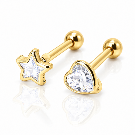 Piercing de Orelha em Prata Banhado a Ouro - Estrela ou Coração - 6ORE744