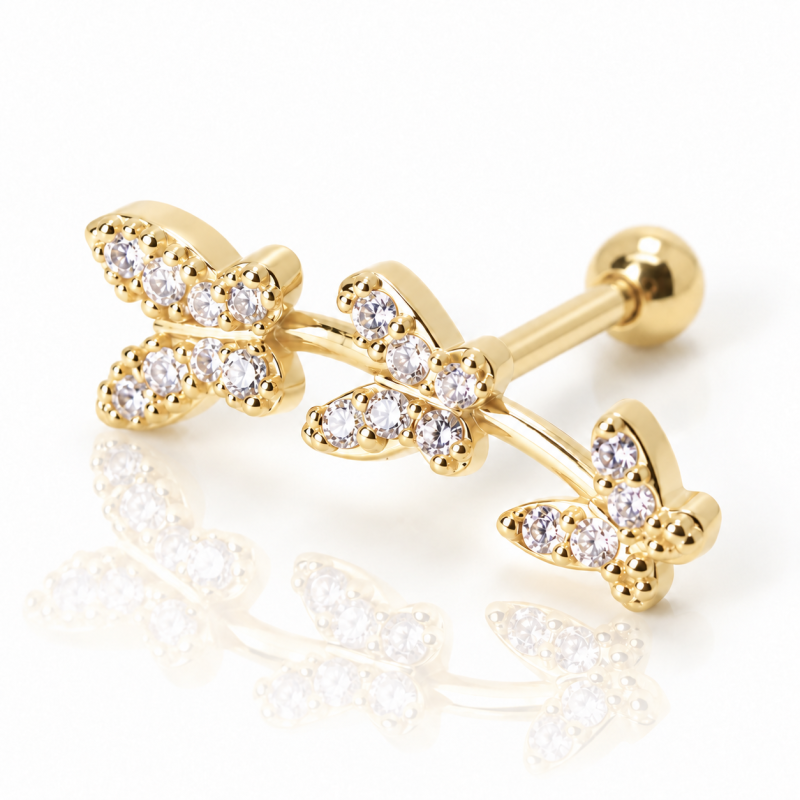 Piercing de Orelha Dourado - Cluster 3 Borboletas com Cristais - 6ORE745