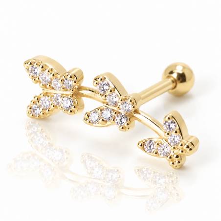 Piercing de Orelha Dourado - Cluster 3 Borboletas com Cristais - 6ORE745