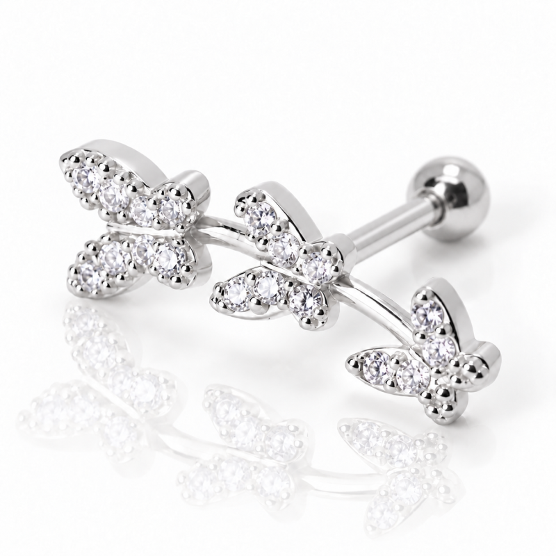 Piercing de Orelha - Cluster 3 Borboletas com Cristais - 6ORE746