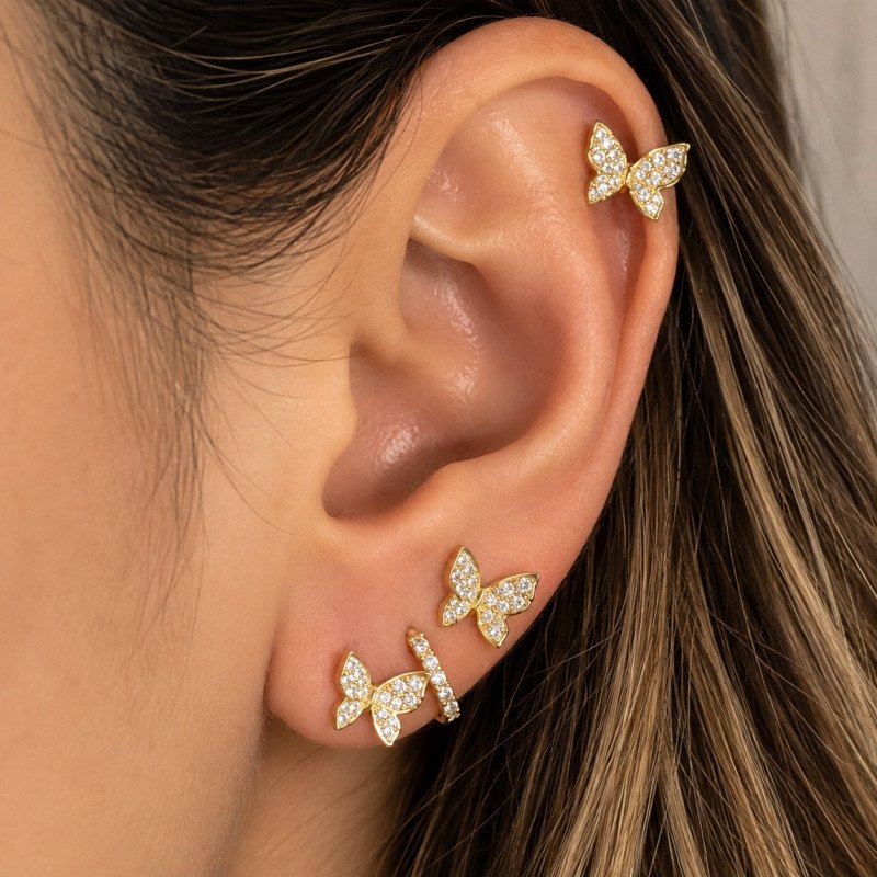 Piercing de Orelha - Borboleta em Prata toda Cravejada - 6ORE771