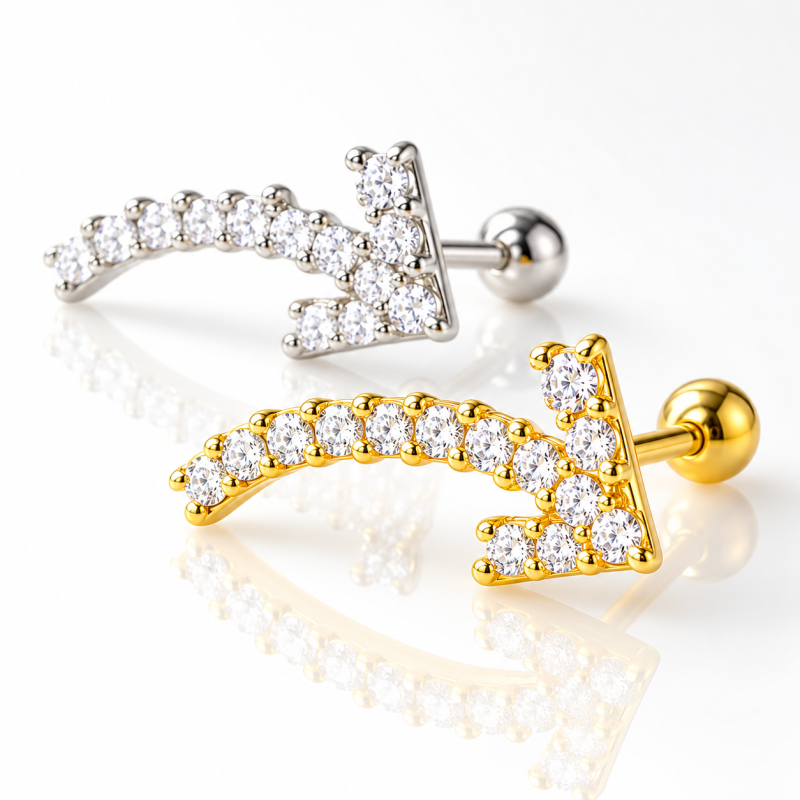 Piercing de Orelha em Aço Cirúrgico - Flecha toda cravejada com Cristais -  Prateado ou Banhado a Ouro - 6ORE775