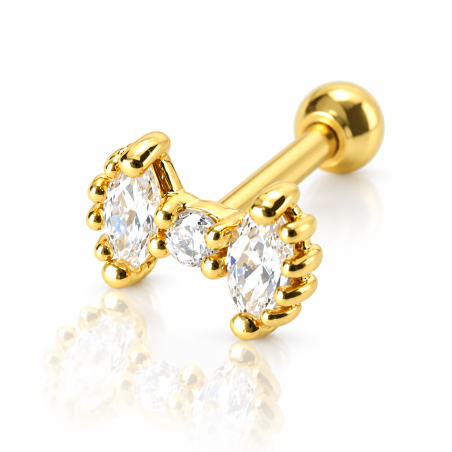 Piercing de Orelha em Aço Cirúrgico - Dourado - Lacinho com Zircônias - 6ORE776