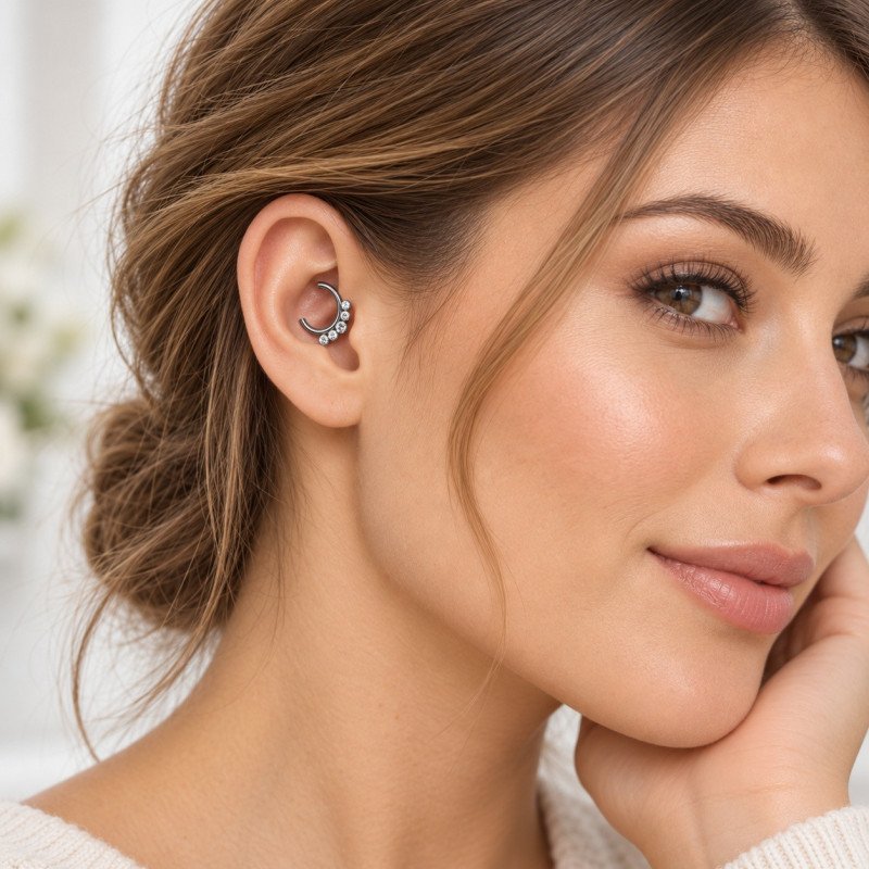 Piercing Luxo Septo ou Daith - Argolinha Clicker em Titânio Natural com Zircônias - 6ORE798