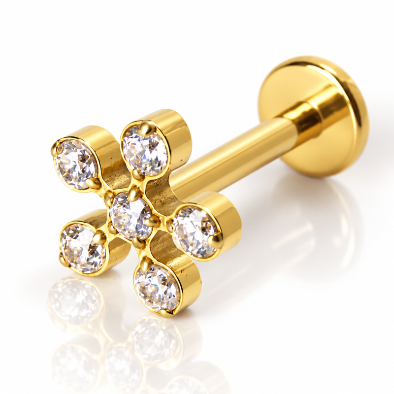 Piercing Labret em Titânio para Orelha - Florzinha - PVD Gold - 6ORE806