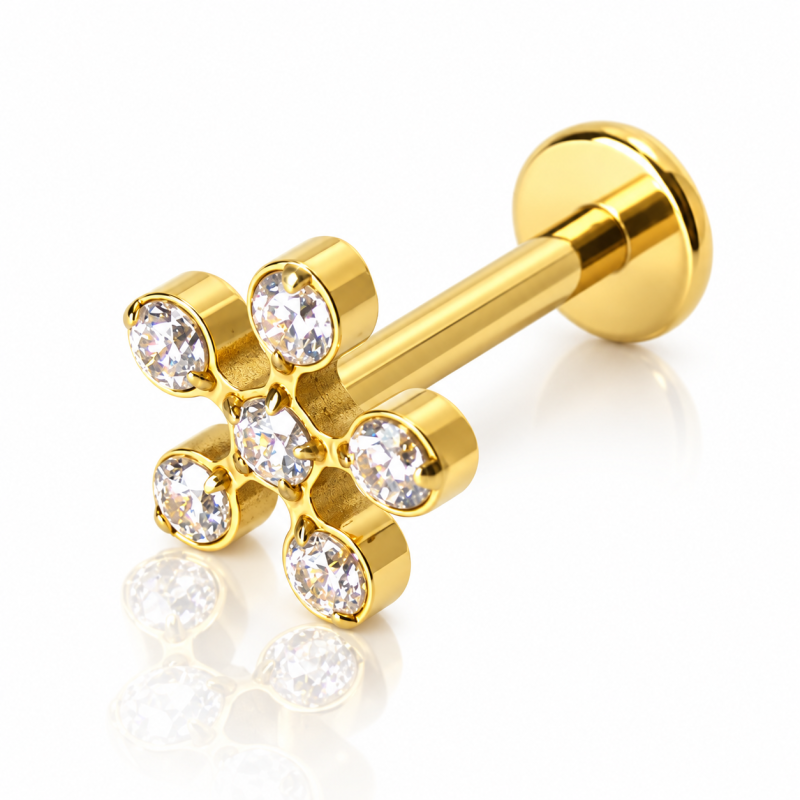 Piercing Labret em Titânio para Orelha - Florzinha - PVD Gold - 6ORE806