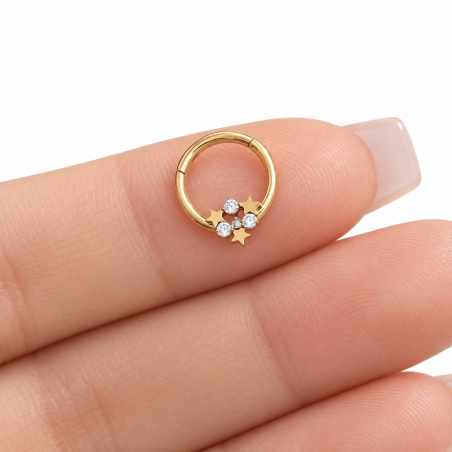 Piercing Luxo Daith - Argolinha Clicker em Titânio - PVD Gold com Estrelas e Zircônias - 6ORE812
