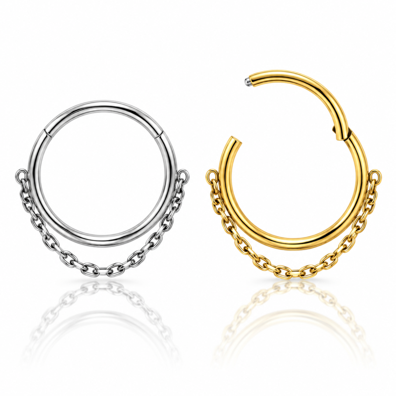 Piercing Conch Clicker Liso com Corrente - 100% em Titânio - PVD GOLD - 6ORE817