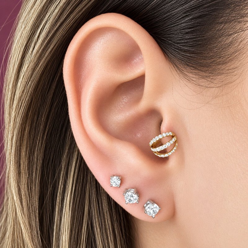 Piercing  para Orelha - Argolinha Clicker Tripla Cravejada - 100% em Titânio - 6ORE822