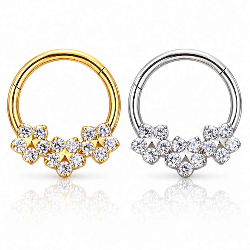 Piercing Luxo Daith - Argolinha Clicker em Titânio Natural - Flores em Zircônias - 6ORE828