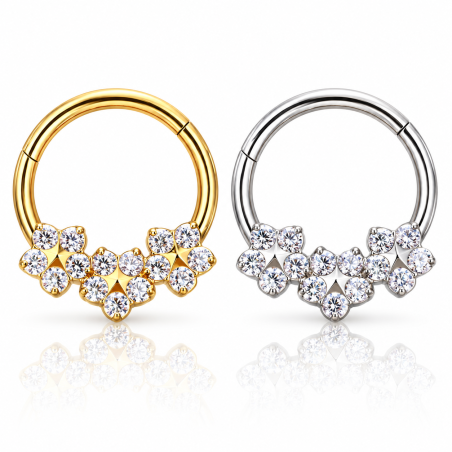 Piercing Luxo Daith - Argolinha Clicker em Titânio Natural - Flores em Zircônias - 6ORE828