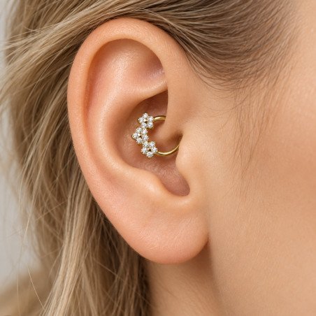 Piercing Luxo Daith - Argolinha Clicker em Titânio Natural - Flores em Zircônias - 6ORE828