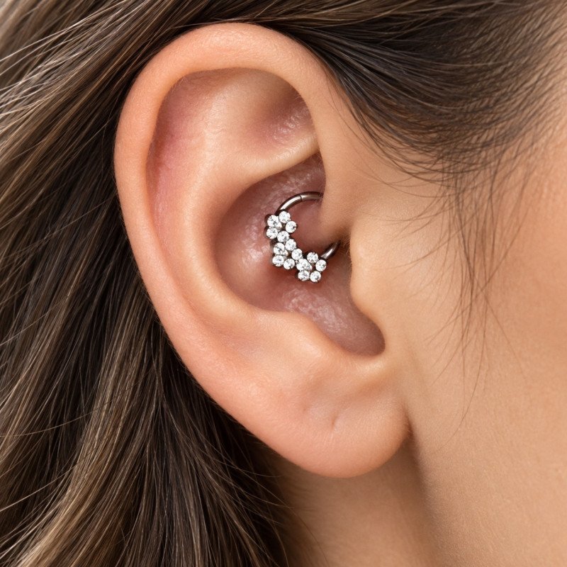 Piercing Luxo Daith - Argolinha Clicker em Titânio Natural - Flores em Zircônias - 6ORE828