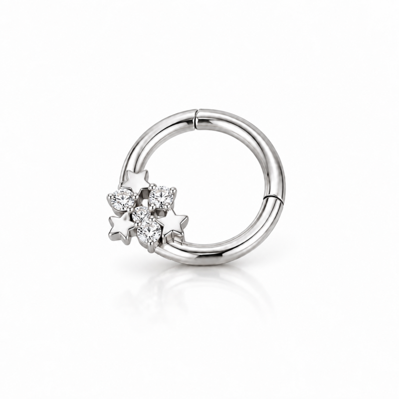 Piercing Luxo Daith - Argolinha Clicker em Titânio - com Estrelas e Zircônias - 6ORE836
